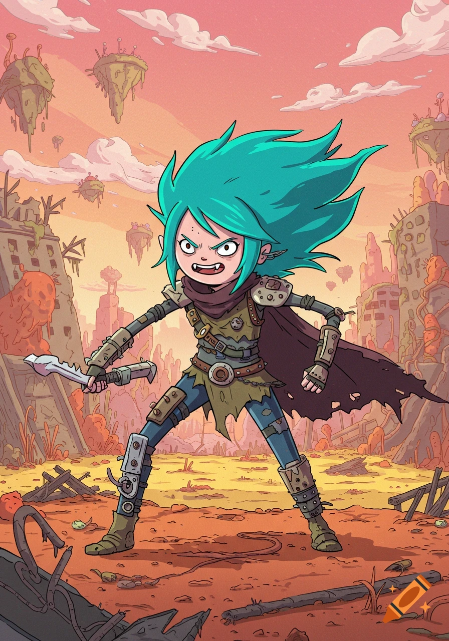 A cartoon post-apocalyptic raider girl with teal hair and a ripped cape, holding a jagged blade, stands in a desolate landscape with floating islands and ruins, in the style of Adventure Time.