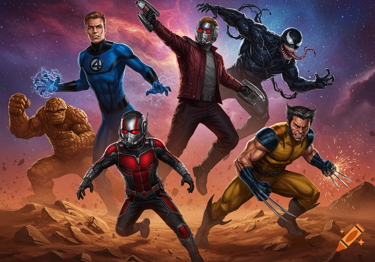 A group of Marvel superheroes including Mister Fantastic, The Thing, Ant-Man, Star-Lord, Venom, and Wolverine in action poses on a rocky, alien landscape under a cosmic sky.