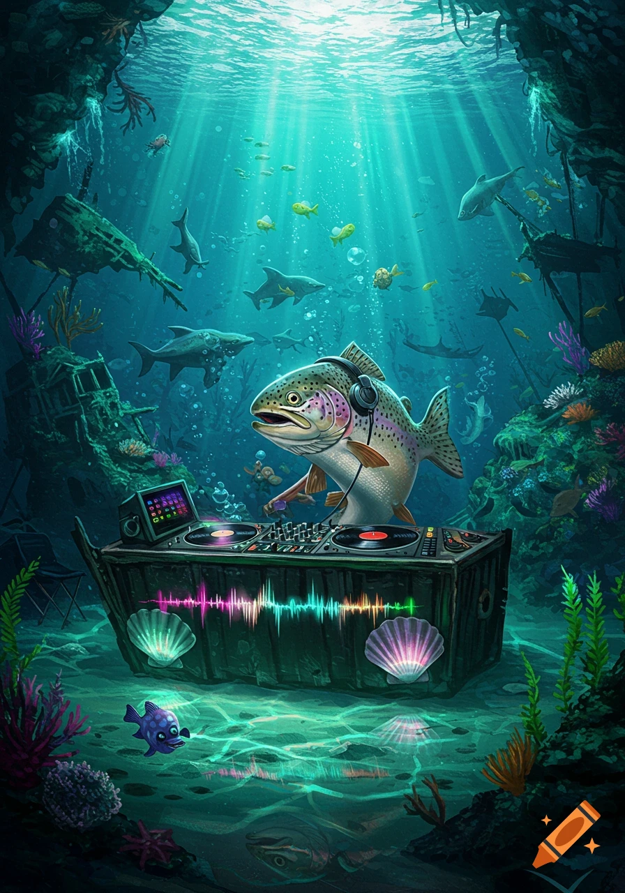 A rainbow trout wearing headphones DJs behind a sunken boat deck with glowing sound waves in a vibrant underwater scene with other fish and sharks.