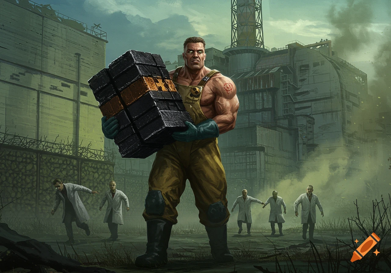 A muscular man carries a radioactive block near a decaying power plant as scientists pursue him in a post-apocalyptic setting. Digital art.