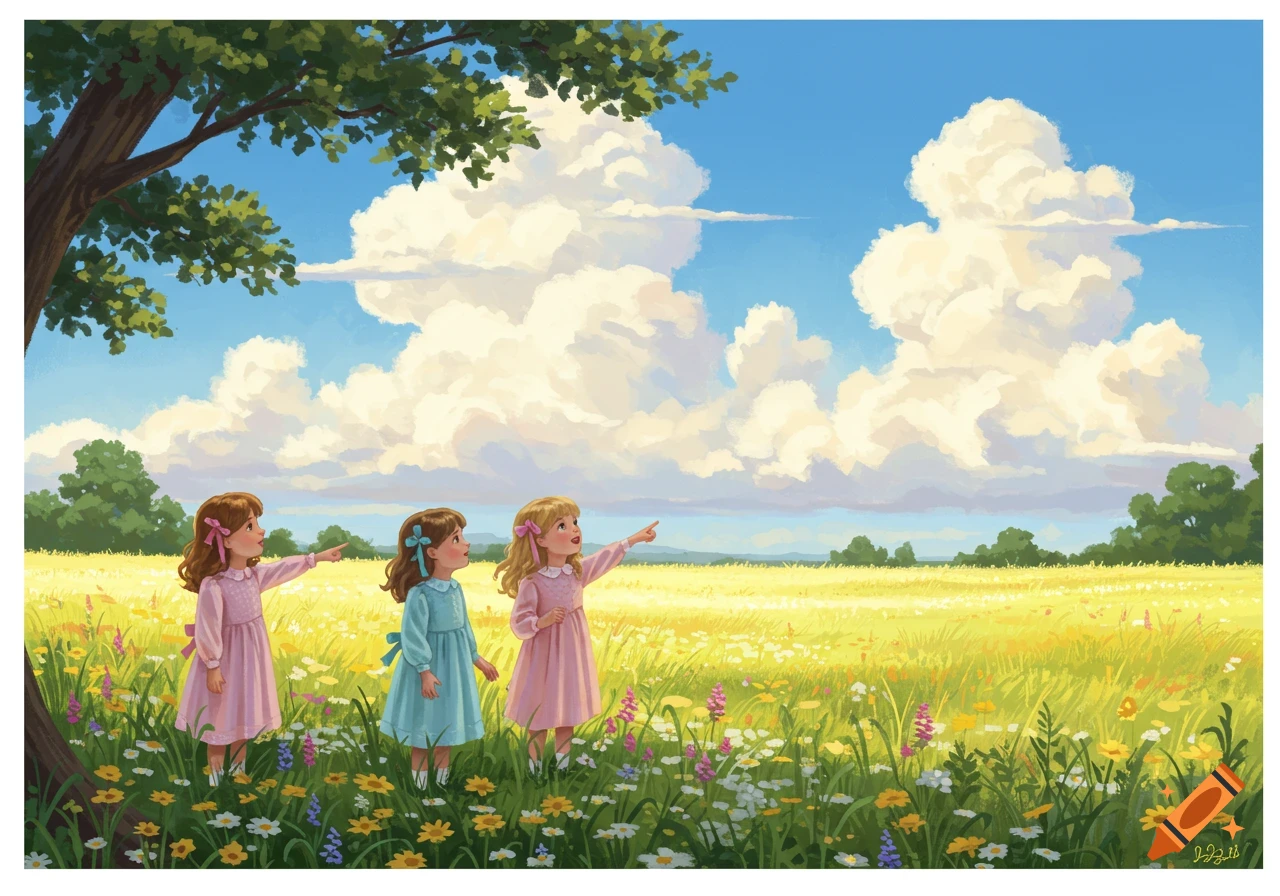 Three little girls in pastel dresses stand in a sunny wildflower meadow under a blue sky, pointing in the distance. Illustrated.