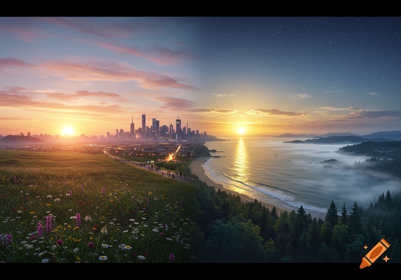 Panoramic landscape split between day and night, showing a city at sunrise on a grassy hill and a starry coastal scene with mist.
