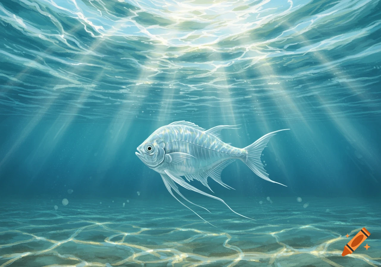 A translucent, ghost-like fish swims gracefully underwater with sunlight streaming from the surface onto the sandy seabed.
