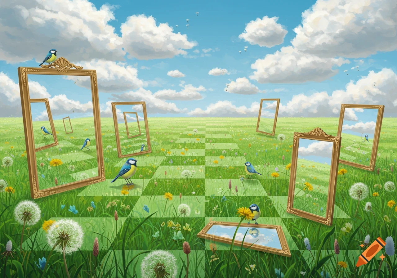A surreal landscape with a checkered green field, blue sky, white clouds, and several gold-framed mirrors reflecting the sky, with blue and yellow birds scattered throughout.