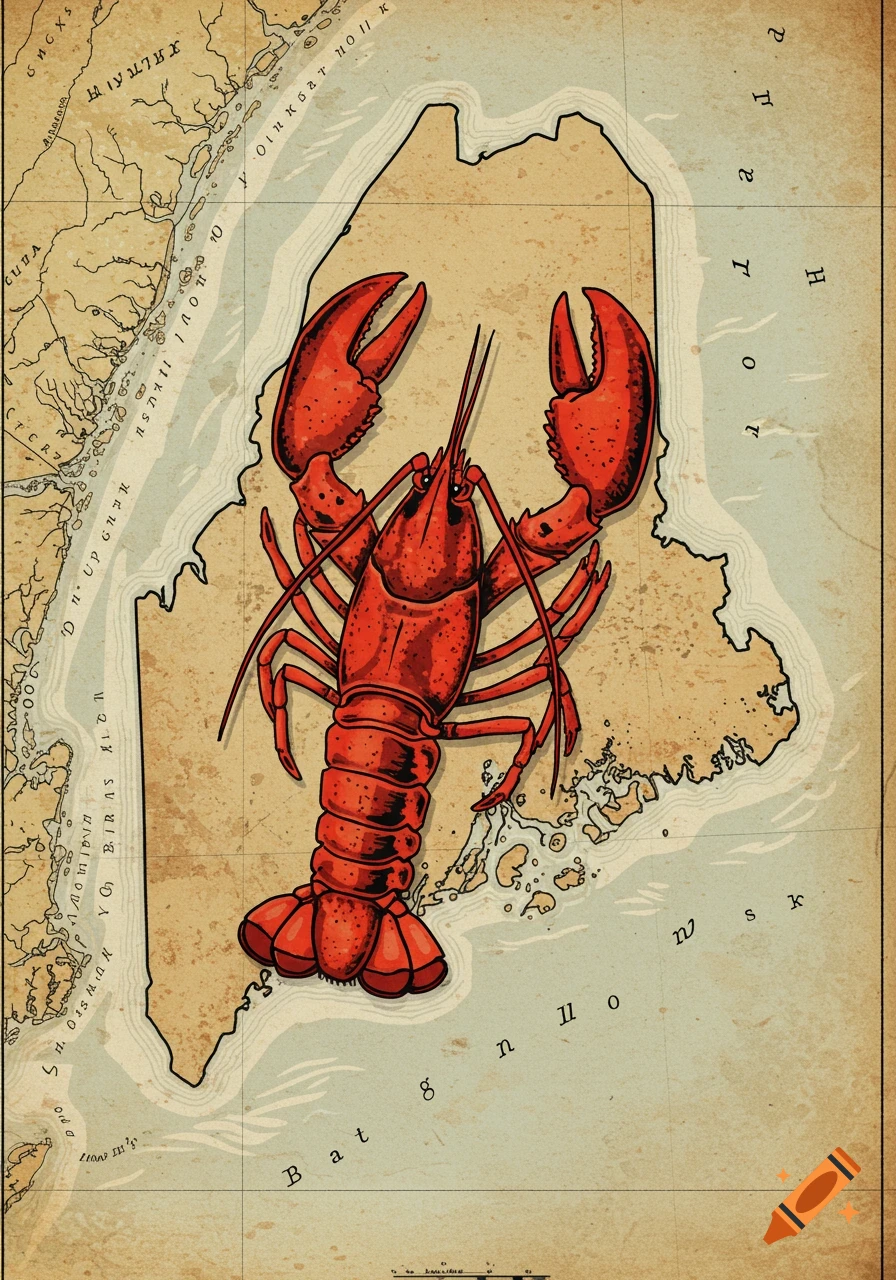 A vibrant red lobster sits centered on a vintage-style map of the state of Maine.