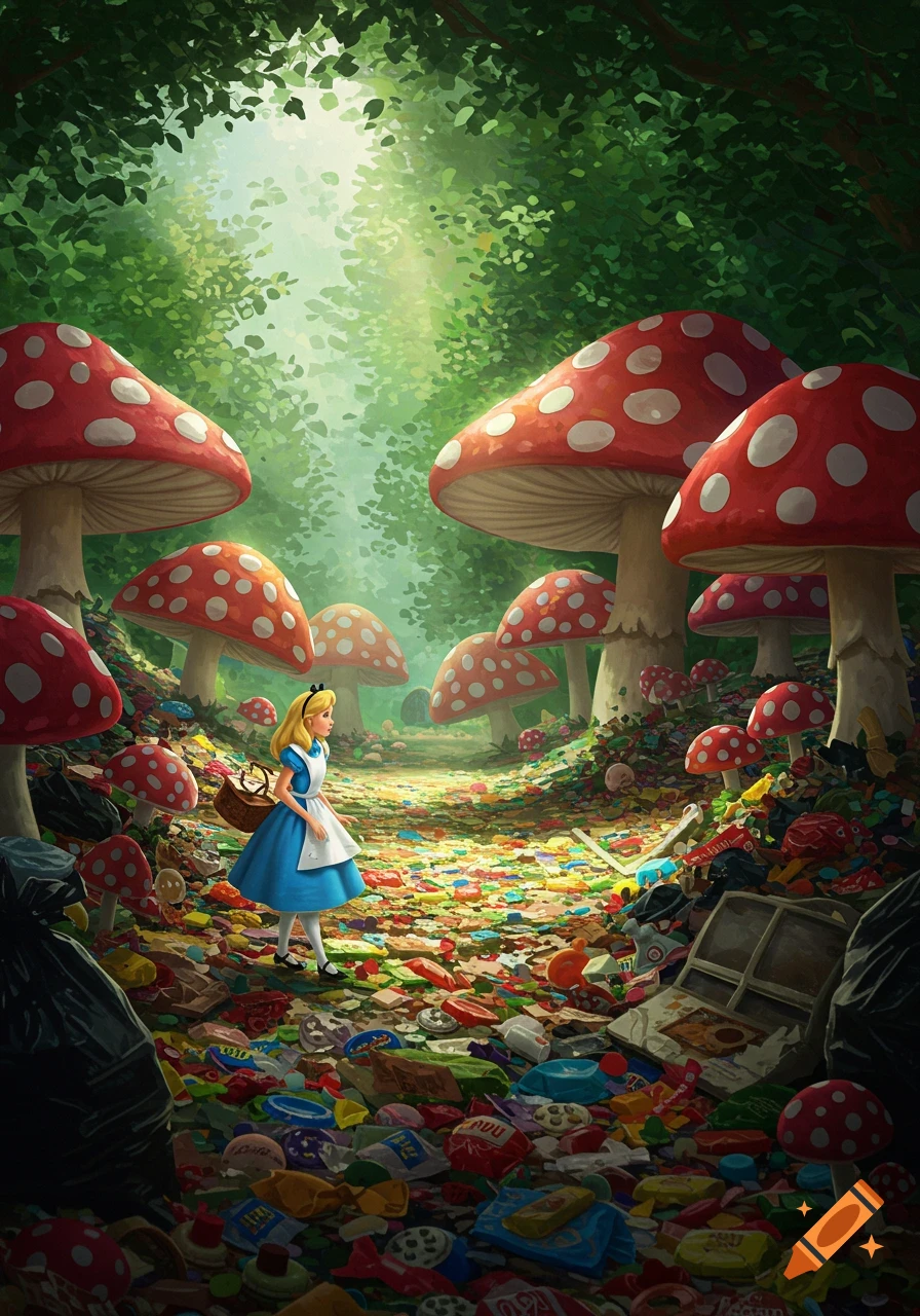 Alice in Wonderland walks through a sunlit forest filled with giant red-spotted mushrooms and a ground covered in colorful trash and litter.