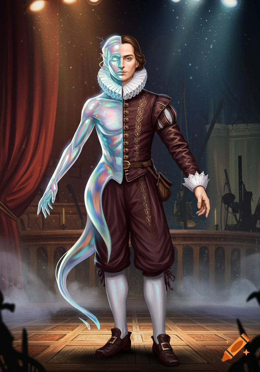 A man in Renaissance clothing is half human and half iridescent, translucent creature, standing on a stage.