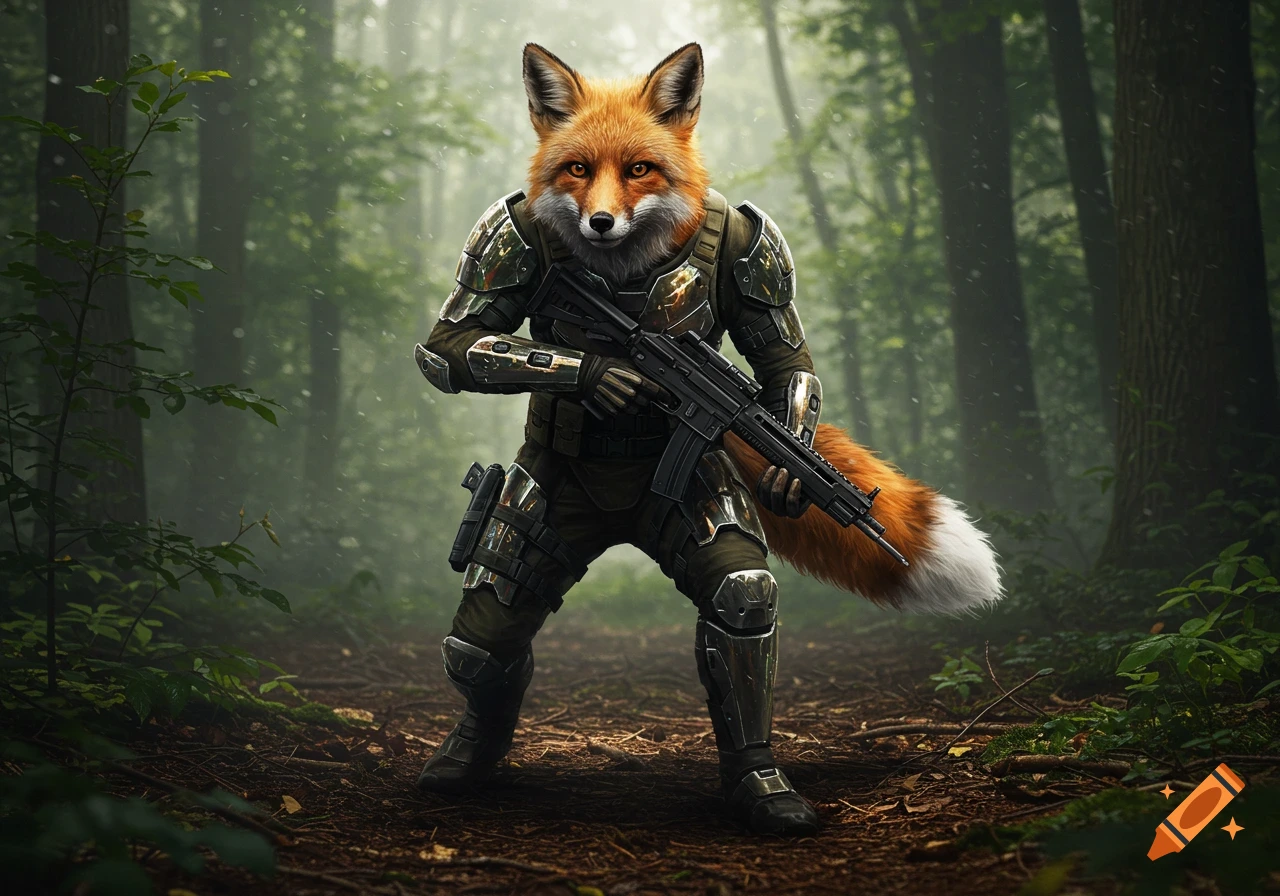 A realistic fox soldier wearing military armor holds an assault rifle while standing in a misty forest.