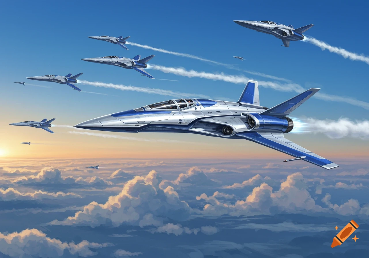 A squadron of futuristic silver and blue fighter jets flies through a blue sky above clouds during sunset.