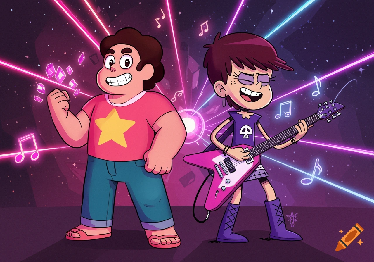 Steven Universe and Luna Loud in a vibrant, neon-lit cartoon style. Luna plays a pink electric guitar.
