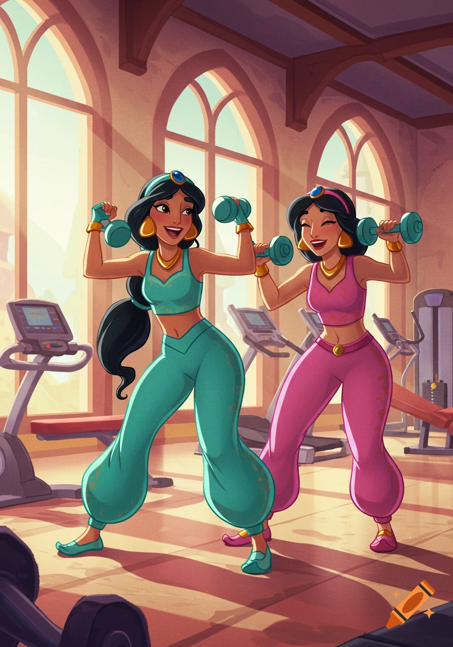 Two cartoon women resembling Princess Jasmine, one in teal and one in pink, lift dumbbells at a gym.