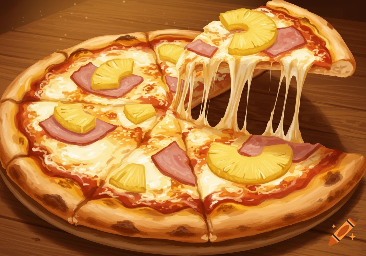 Illustrative image of a Hawaiian pizza with pineapple and ham, a slice pulled away shows melted cheese.