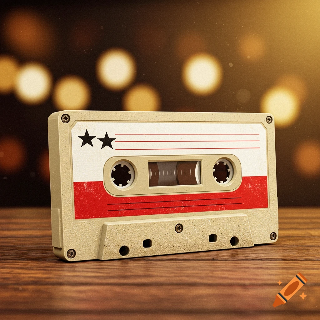 A beige cassette tape with a red and white label and two black stars on a wooden surface with a blurry bokeh background.