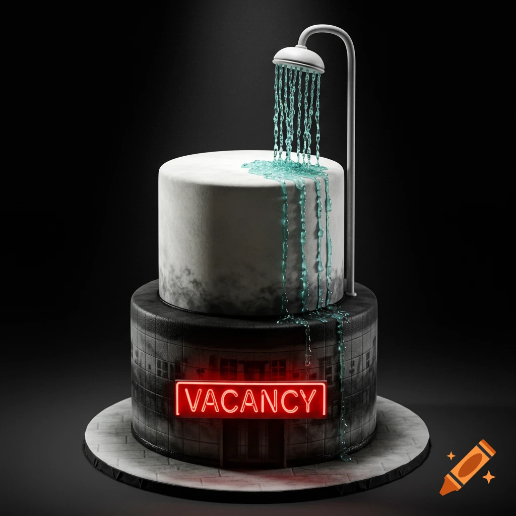 A two-tier cake designed like the Bates Motel, with a shower head pouring blue icing onto the top tier and a red neon 'VACANCY' sign on the bottom tier.