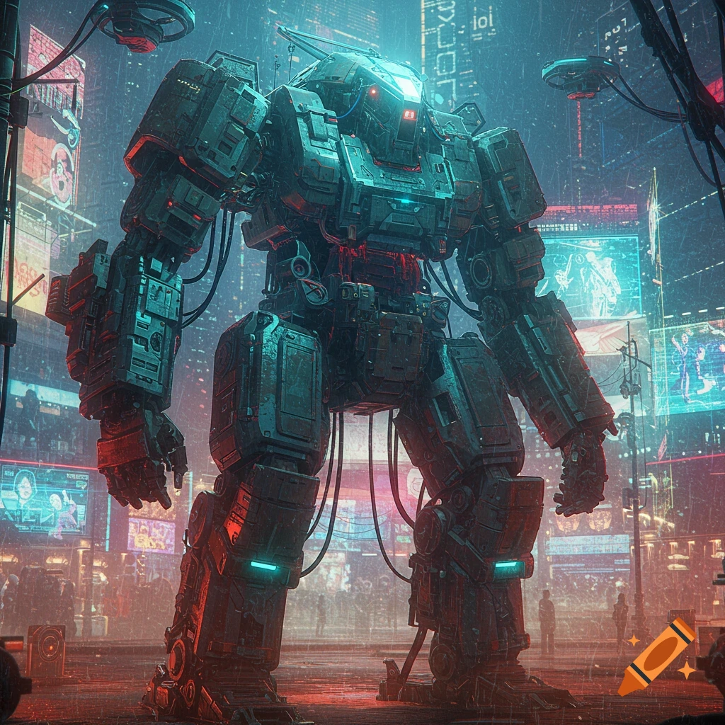 A massive detailed robot stands in a neon-lit futuristic city street during rain.