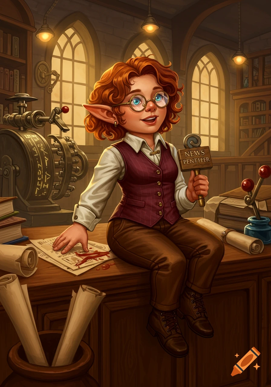 A charming cartoonish gnome reporter with red hair and glasses sits on a desk in a library holding a microphone.