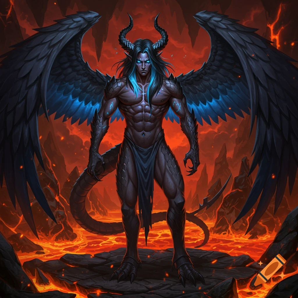 A muscular, dark-skinned male demon with large black wings, horns, and glowing blue hair and eyes stands in a fiery underworld landscape, rendered in an anime art style.