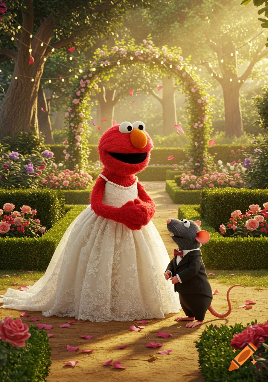 Elmo in a white wedding dress standing in a garden aisle, looking down at Rizzo the rat in a tuxedo, surrounded by flowers and rose petals.
