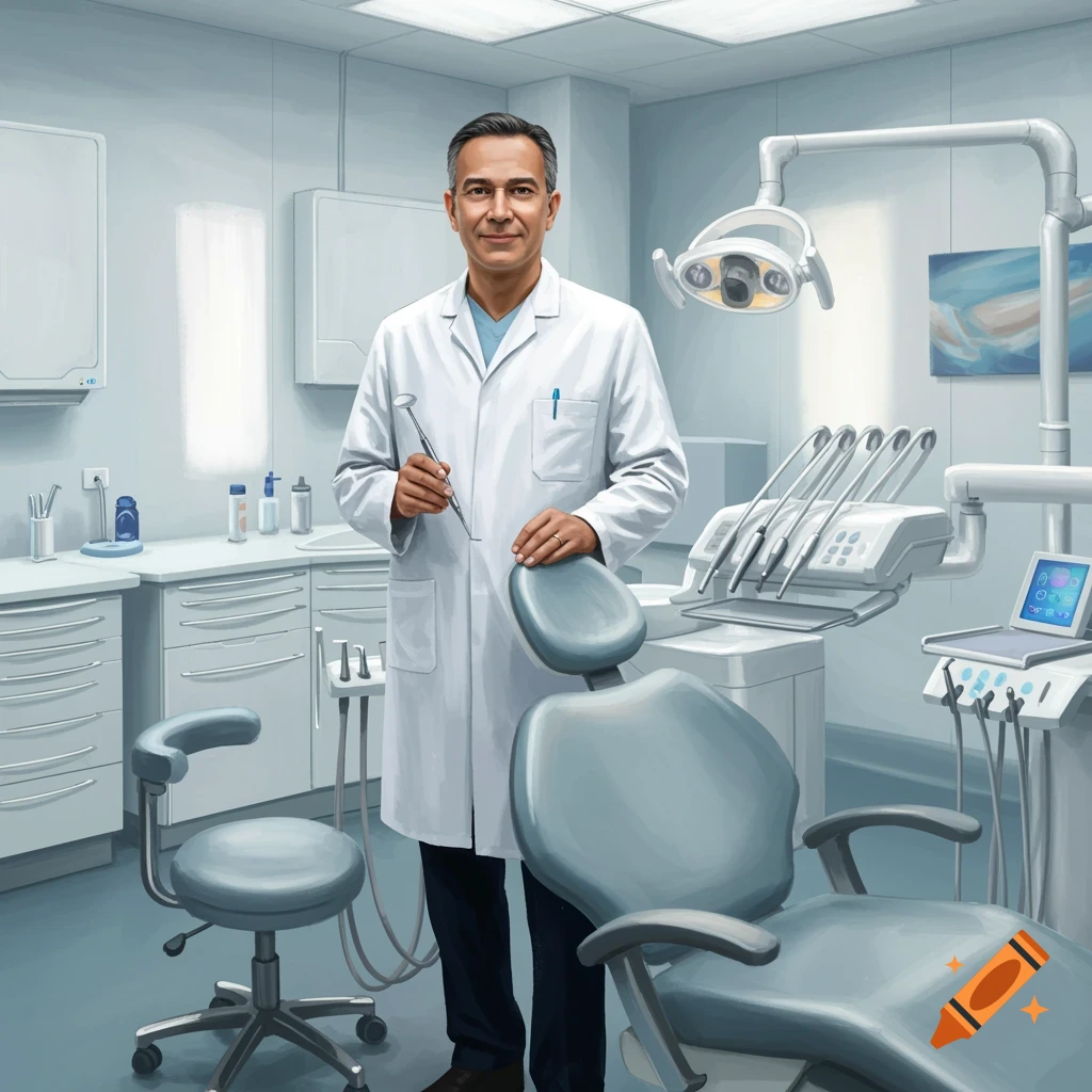 A male dentist in a white lab coat stands in a modern, sterile dental office, holding a dental mirror.