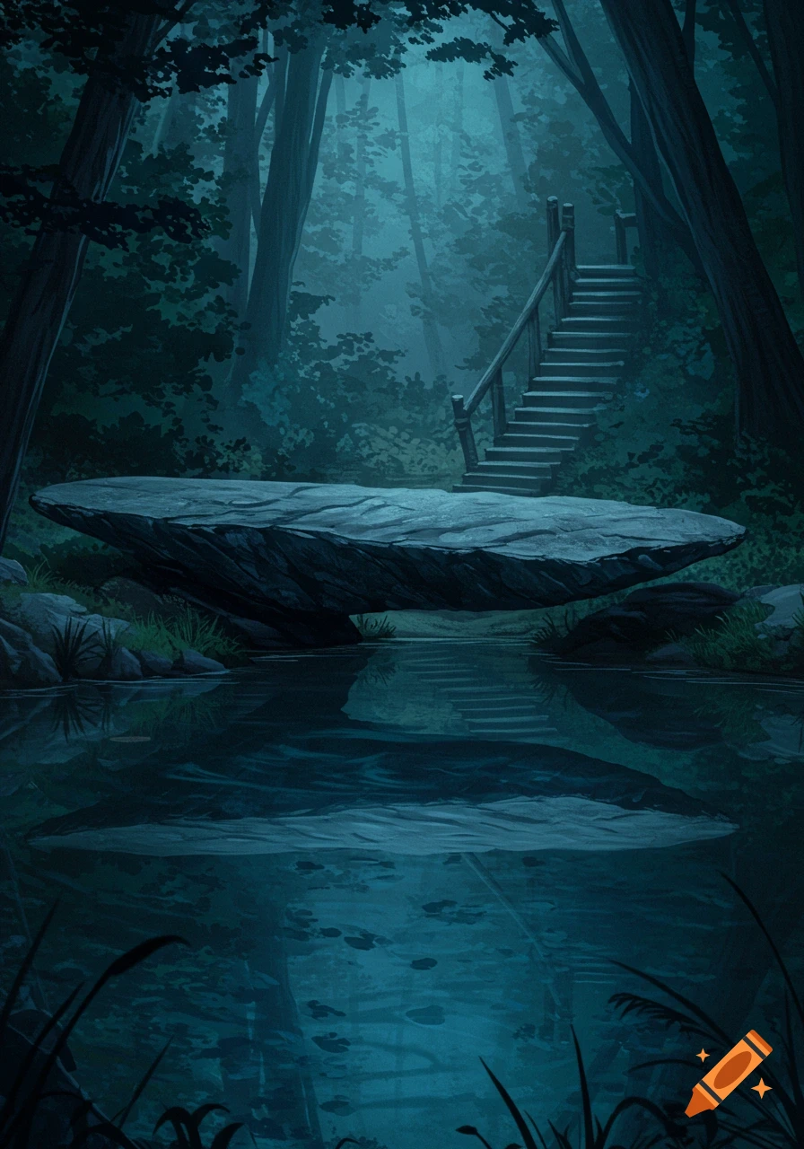 Dark, misty forest with a floating rock slab over a pond and stairs ascending into the distance.