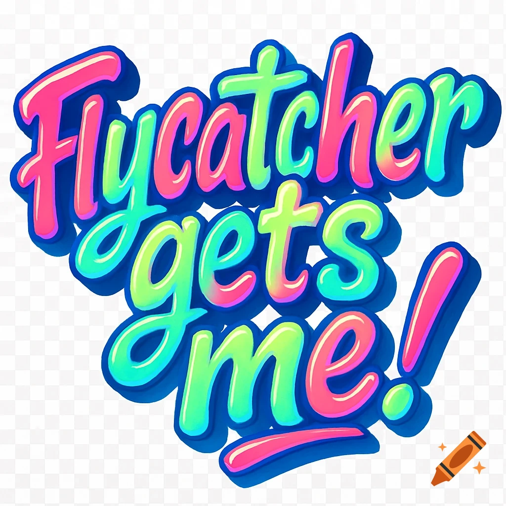 Colorful stylized text "Flycatcher gets me!" in a vibrant bubbly font on a transparent background.