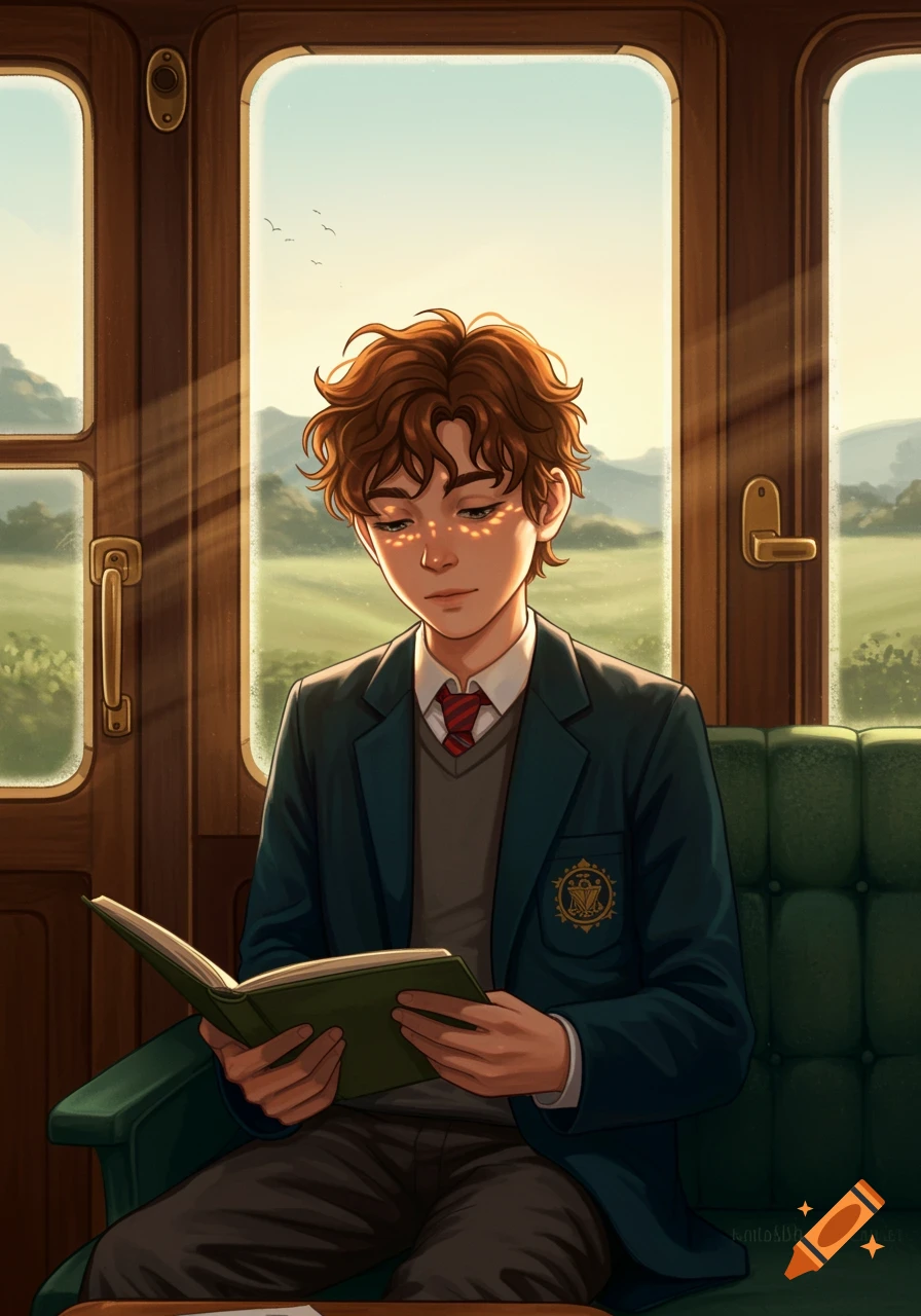 An anime-style boy with brown curly hair sits on a train, reading a book, with sunlight streaming through the window.