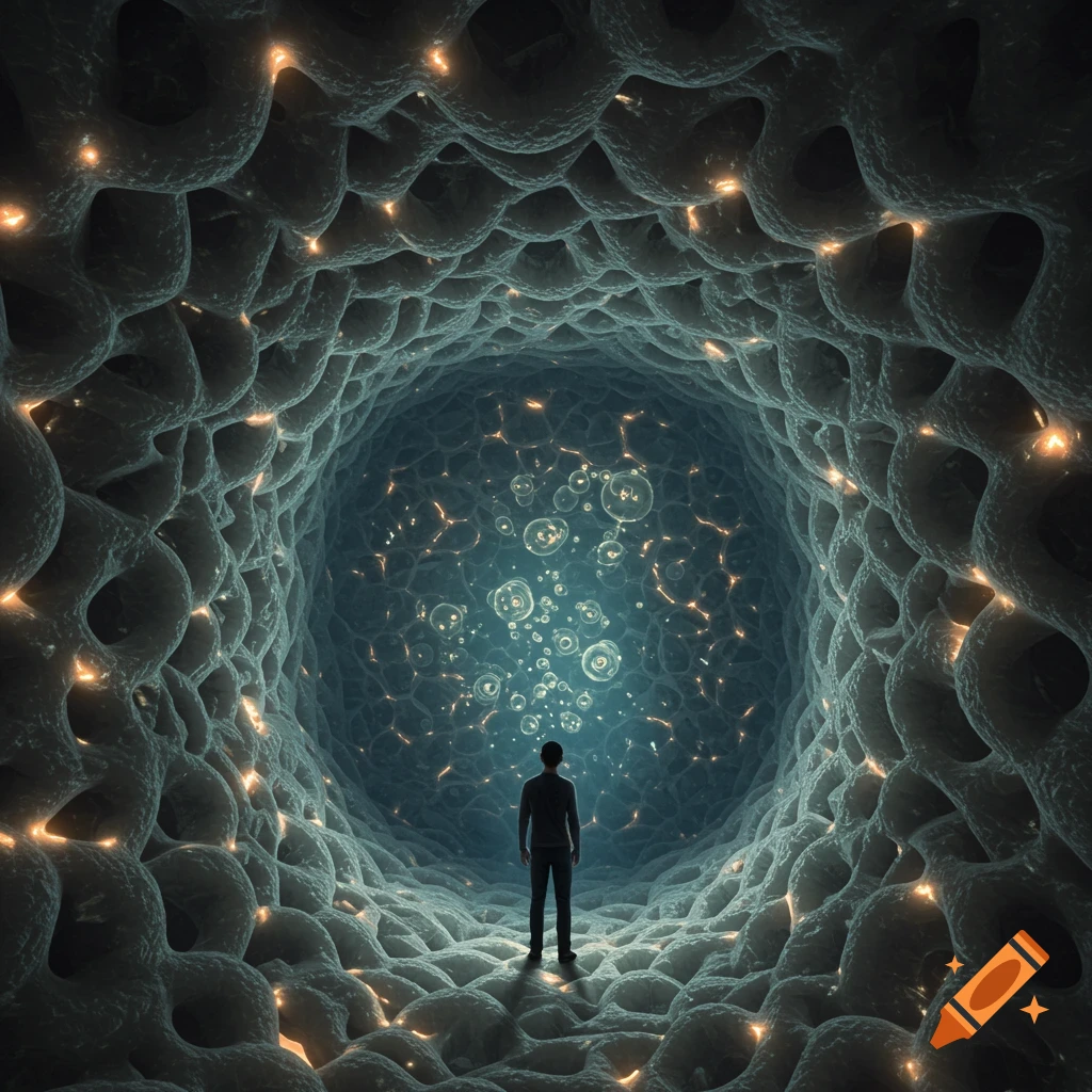A lone person stands inside a vast, organic tunnel with glowing cells, looking towards a blue light with floating orbs.
