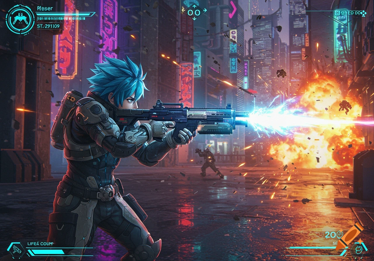 An anime character with blue hair in futuristic armor fires a weapon in a cyberpunk city during an explosion, depicting a mock in-game screenshot.