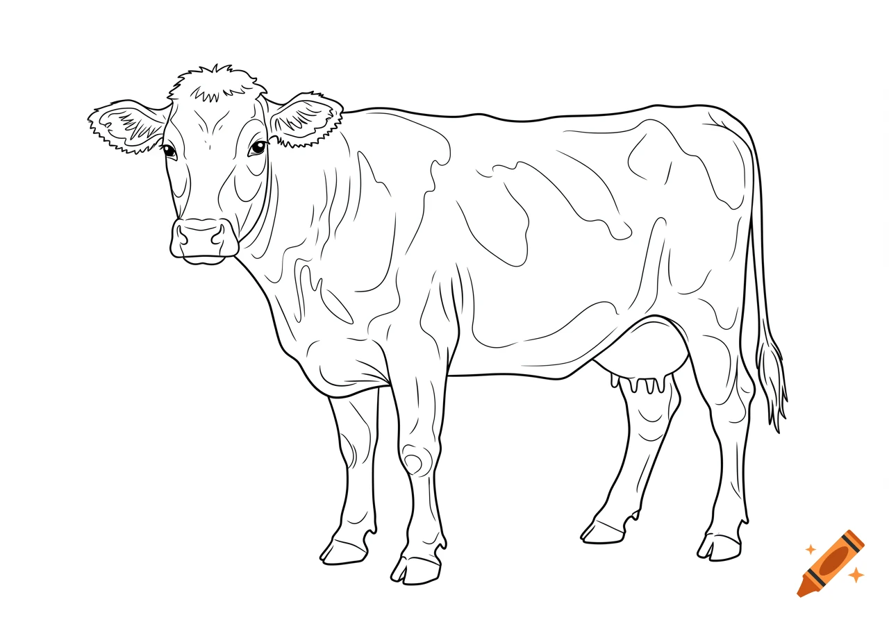 Black and white line drawing of a cow, suitable for a coloring page.