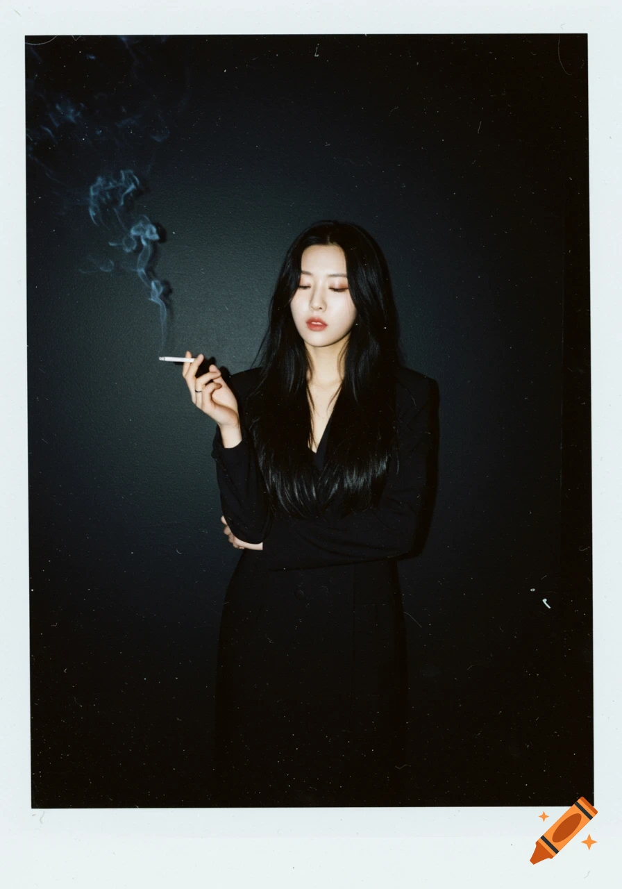 A woman with long black hair in a black dress holds a lit cigarette, smoke rising, in a retro polaroid-style portrait against a black background.
