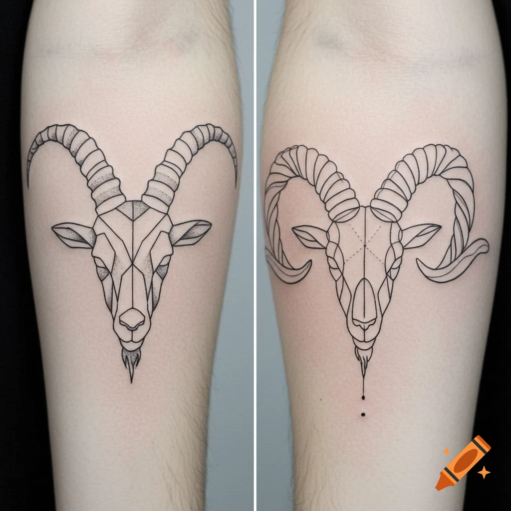Two minimalist, geometric goat head tattoos with line art on forearms, one with stippling, the other with thinner lines.