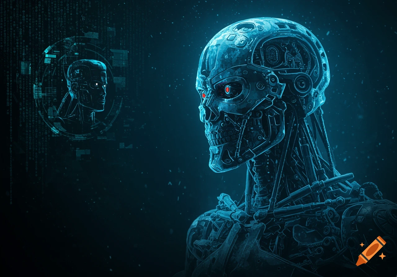 A blue glowing cyborg skull with red eyes against a dark digital background with binary code and a holographic human head outline.