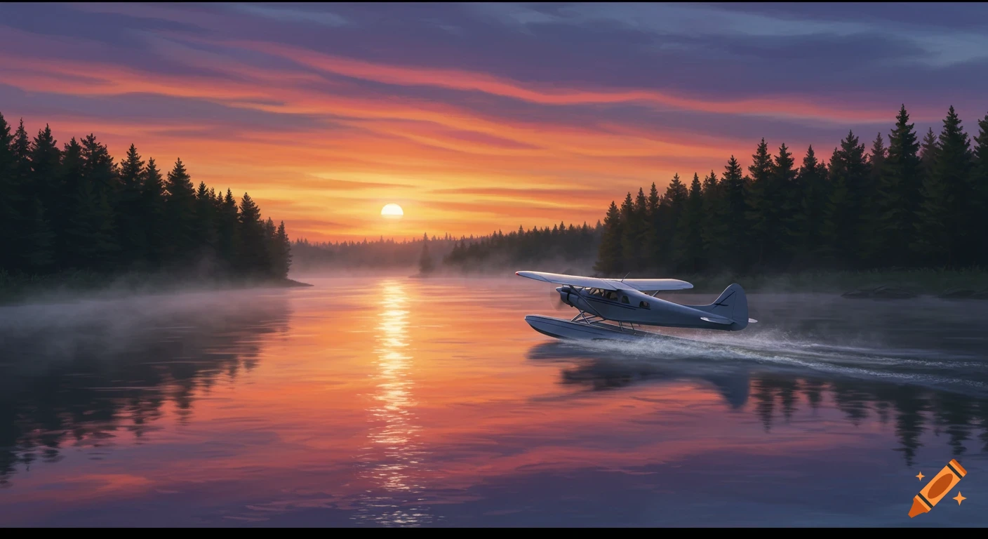 A painted scene of a seaplane on a misty river at sunset, with an orange and purple sky over a dark forest.