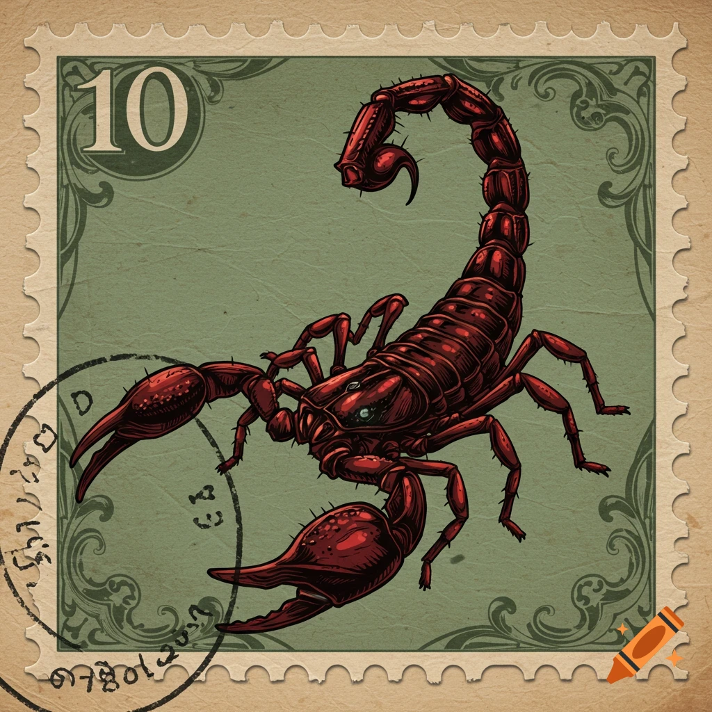 A vintage-style green postage stamp featuring a large red scorpion, with a '10' in the corner and a postmark.