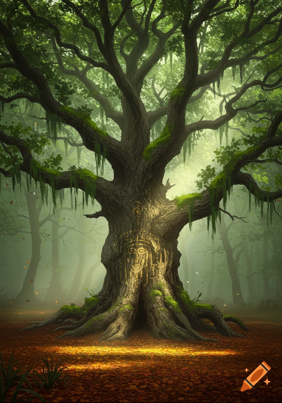 A large, ancient tree with glowing symbols carved into its trunk stands in a mystical, misty forest with light rays shining through the canopy.