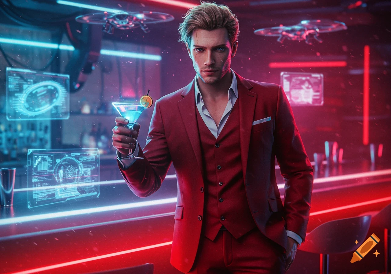 A handsome man in a red suit holds a blue cocktail in a futuristic cyberpunk bar with neon lights and drones.