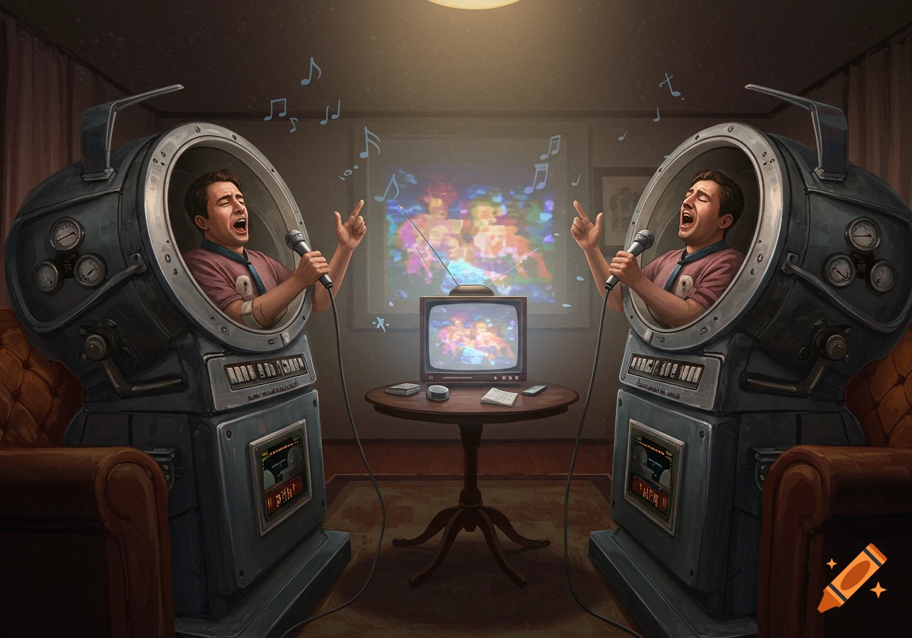Two men in retro-futuristic, iron lung-like karaoke machines sing into microphones, facing a small TV and a large projected abstract display.