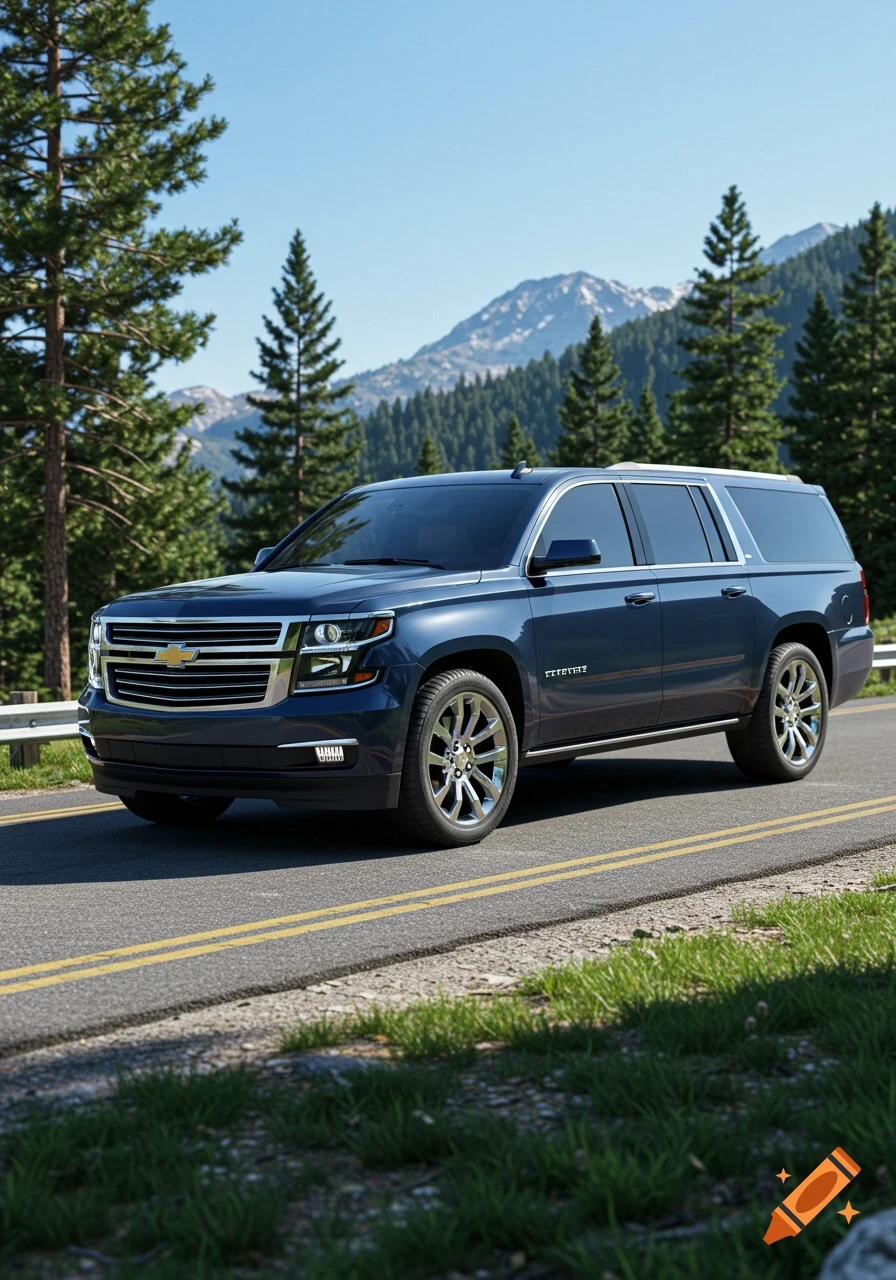 A dark blue Chevrolet Suburban SUV drives on an asphalt road through a mountain landscape with pine trees under a clear blue sky.
