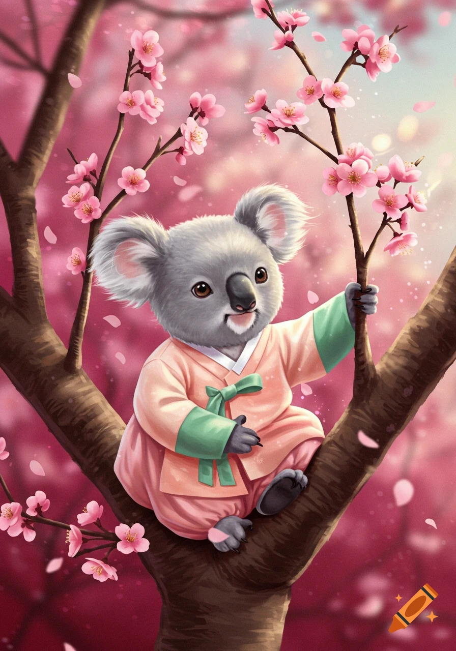 A cute cartoon koala wearing a pink and green hanbok sits on a tree branch surrounded by pink cherry blossoms.