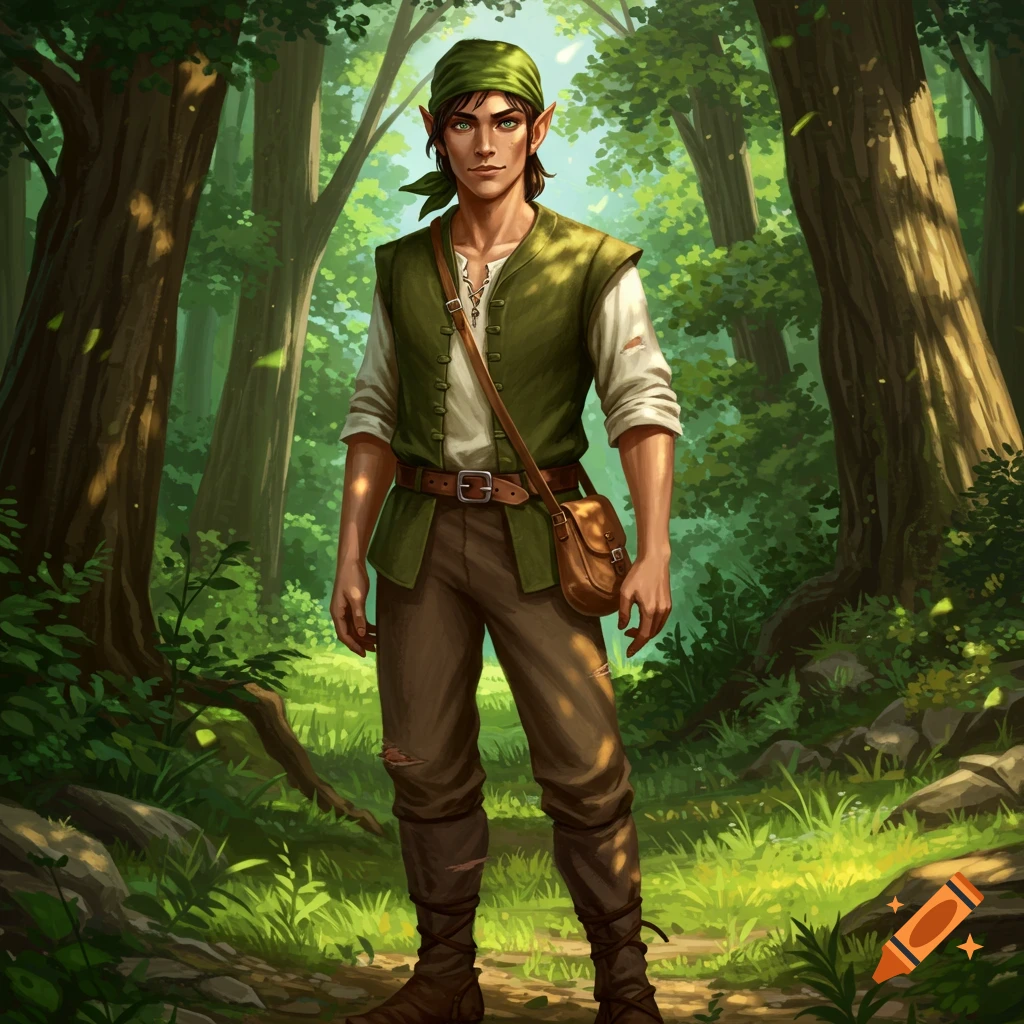 A half-elf man in a green bandana and vest stands in a sun-dappled forest.