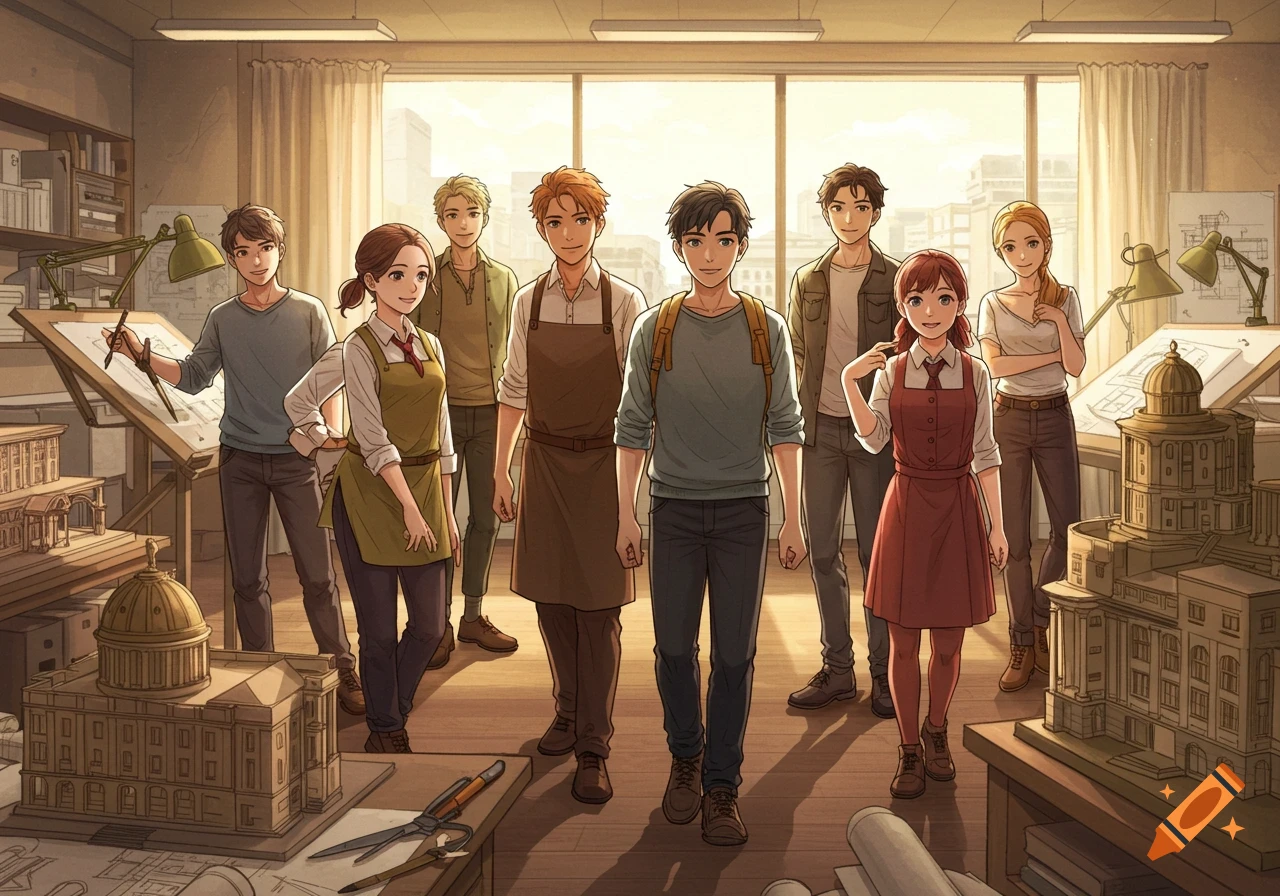 A group of young men and women in anime style stand smiling in an architectural studio with building models and drawing tables.