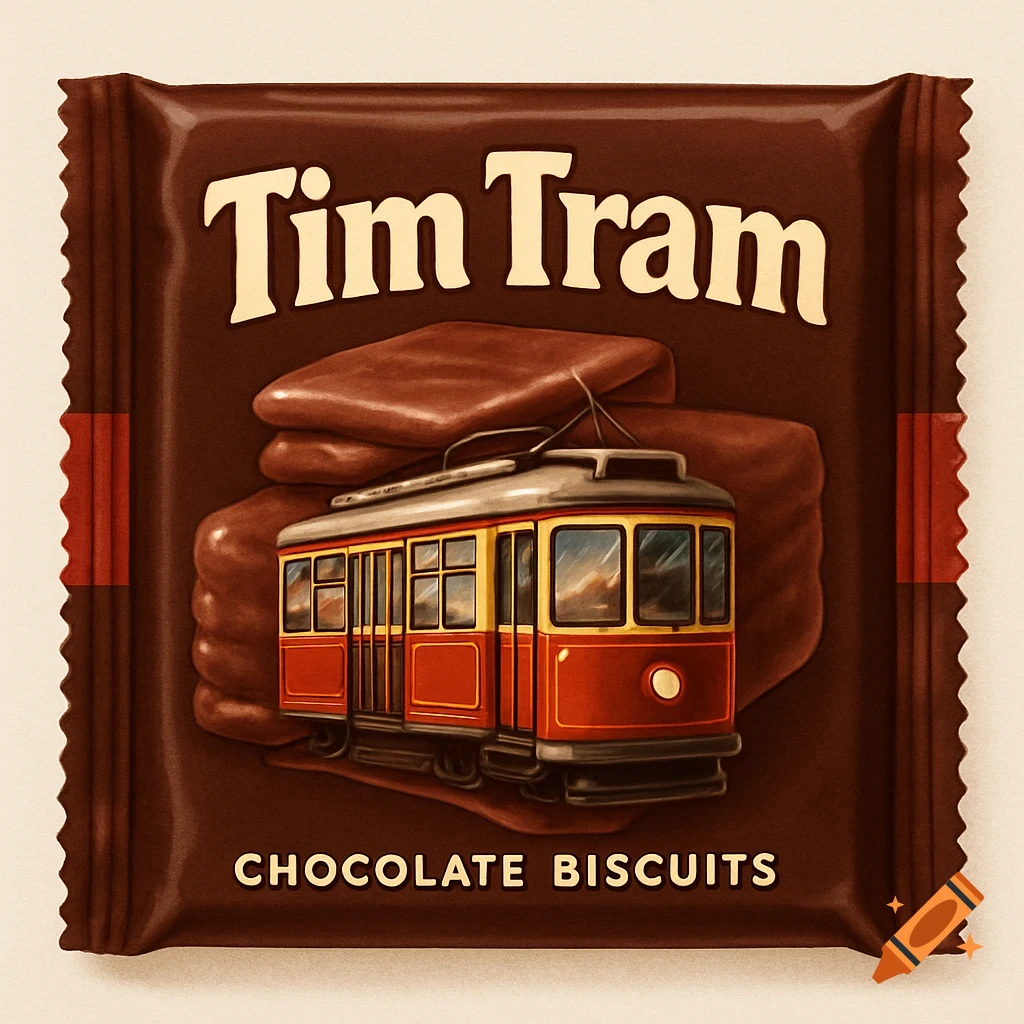 A chocolate brown package of Tim Tram chocolate biscuits, featuring an illustration of a red and yellow tram between two chocolate biscuits.