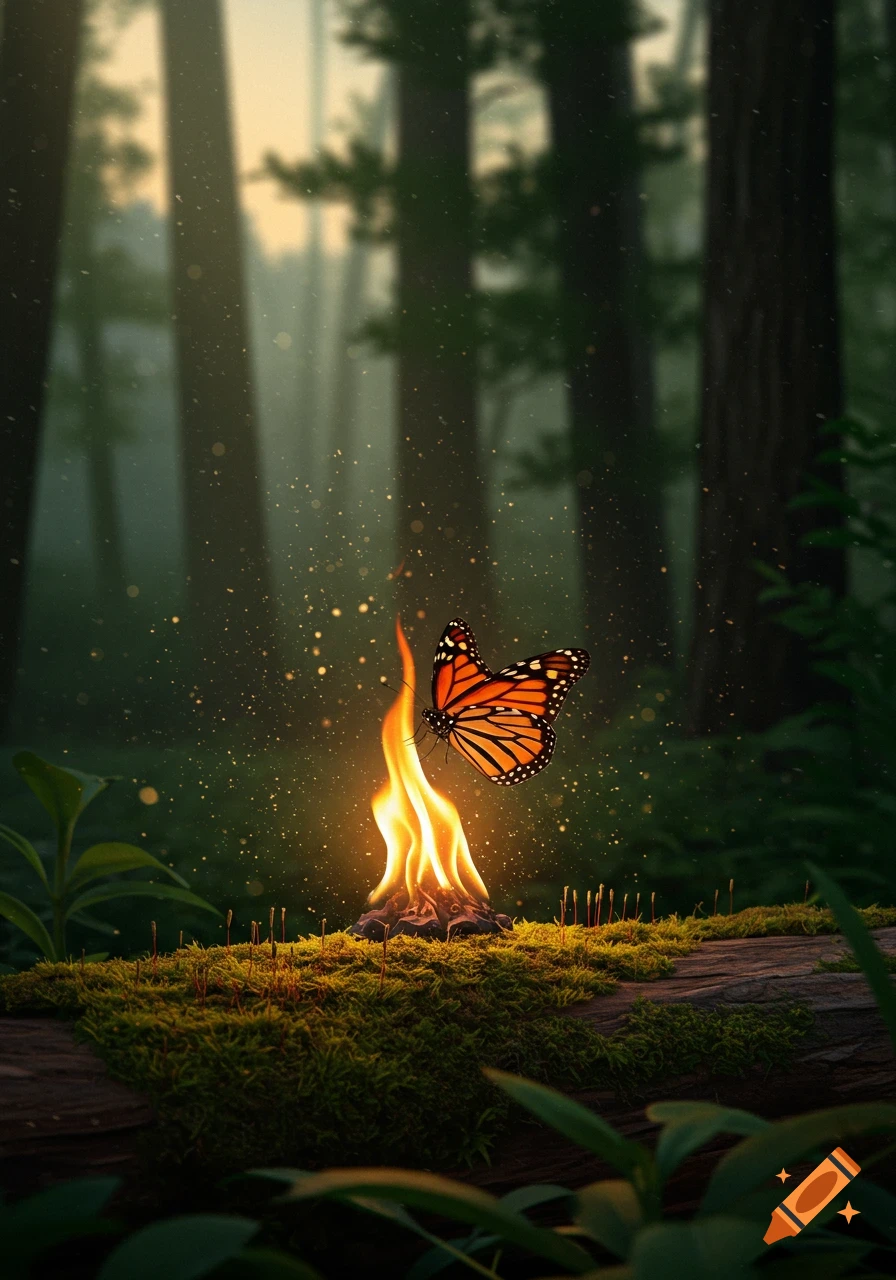 A vibrant monarch butterfly hovers over a small, glowing flame on a mossy log in a mystical forest, with golden sparks floating in the air.