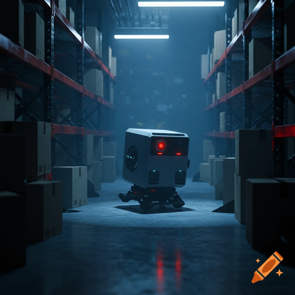 A small, cube-like robot with red glowing eyes stands in a dark, atmospheric warehouse aisle lined with shelves of cardboard boxes.