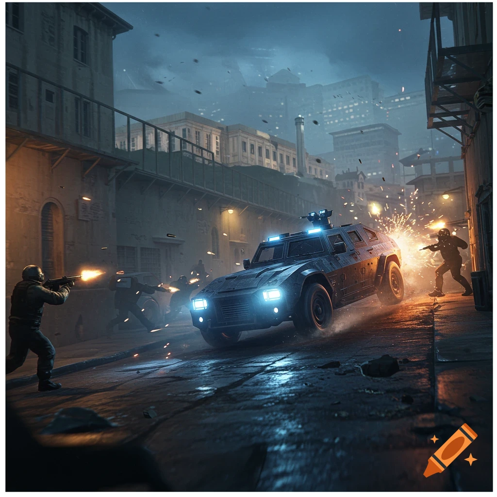 Photorealistic image of an armored vehicle being shot at by armed figures on a dark, rainy urban street.