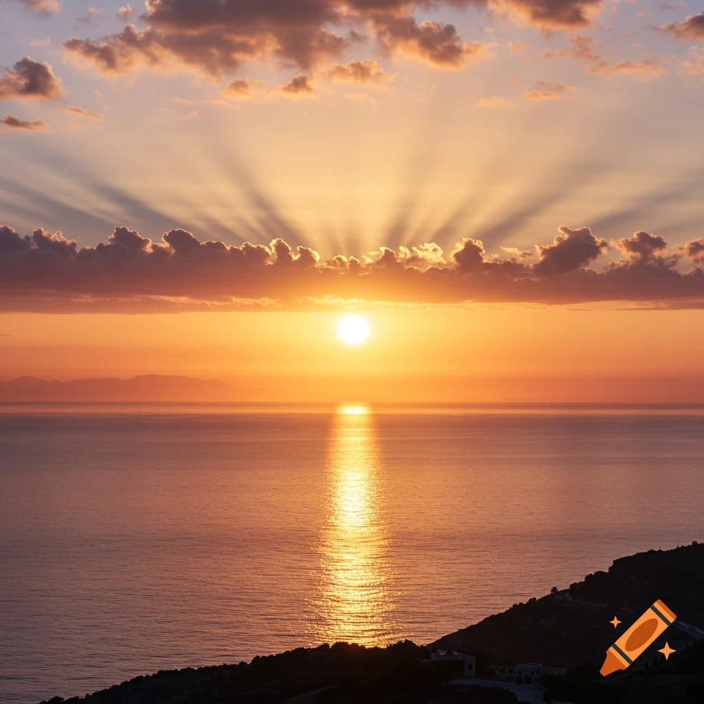 A vibrant sunrise over the ocean, with golden rays of light piercing through clouds, illuminating the water and distant mountains.