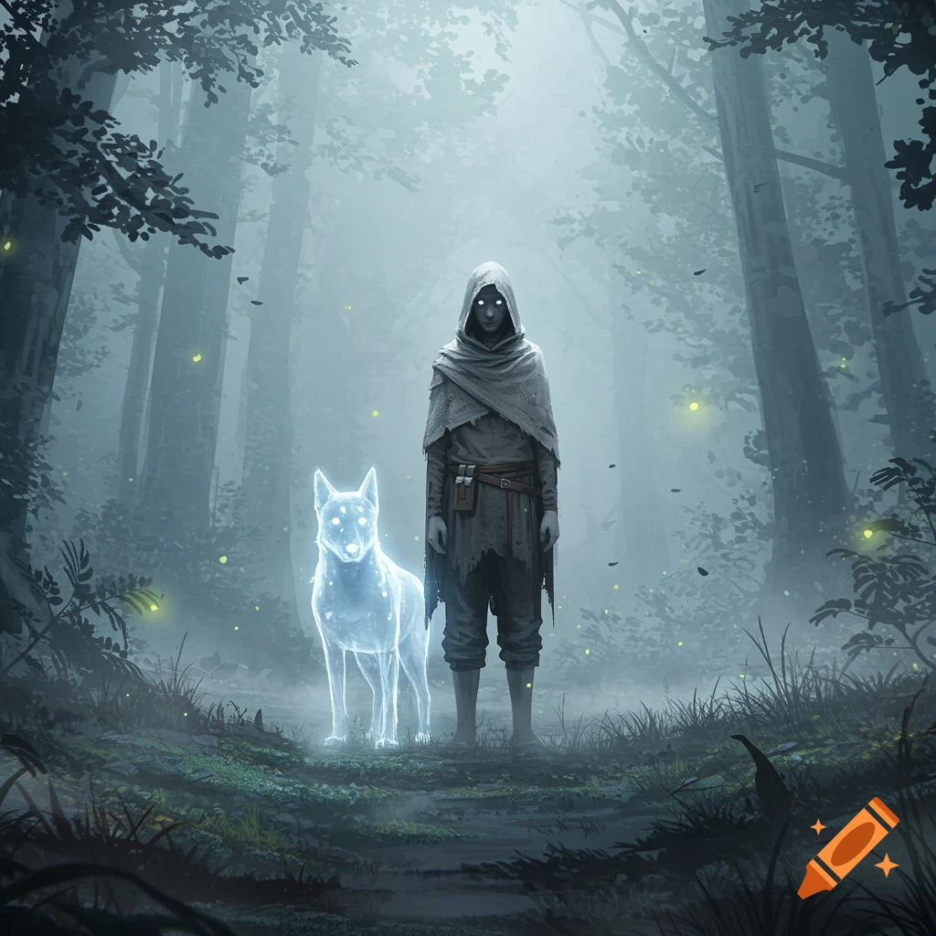 A hooded figure stands with a glowing, spectral dog in a misty, dark forest, depicted in a fantasy art style.