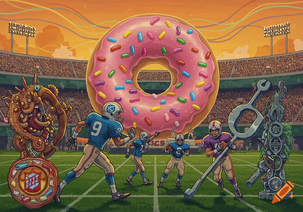 An illustrated surreal scene of a football game featuring a giant pink donut, football players, and two bizarre monsters on the field at sunset.