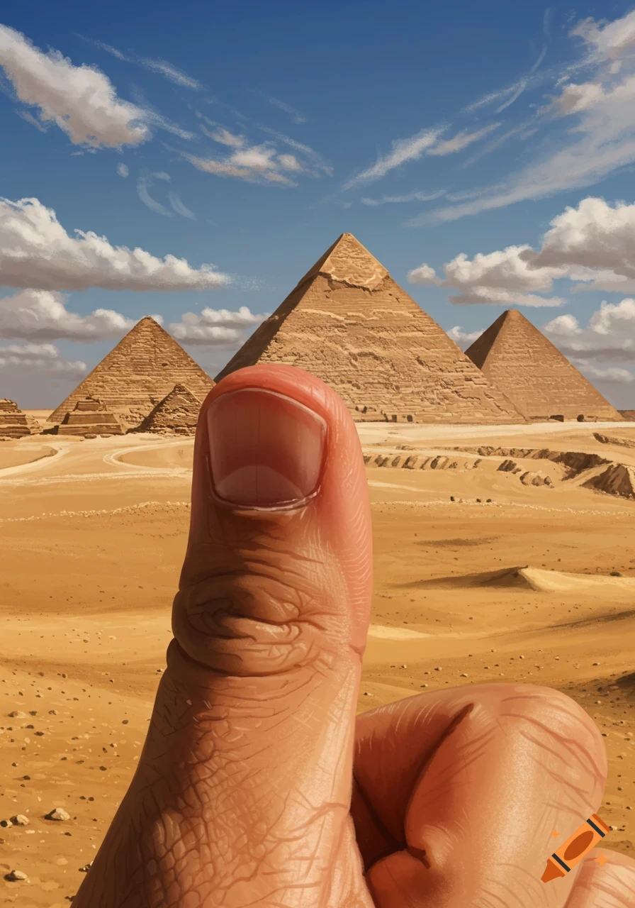 A giant thumb in the foreground, with the Giza pyramids and sandy desert under a blue sky in the background.