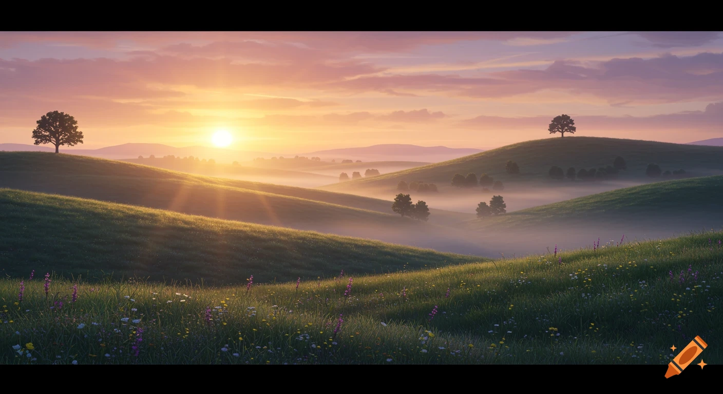 Photorealistic landscape of rolling green hills covered in mist with trees silhouetted against a vibrant sunrise sky.